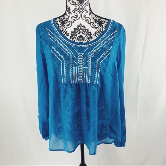 Ariat Sheer Embroidered Babydoll Peasant Top - Picture 2 of 7